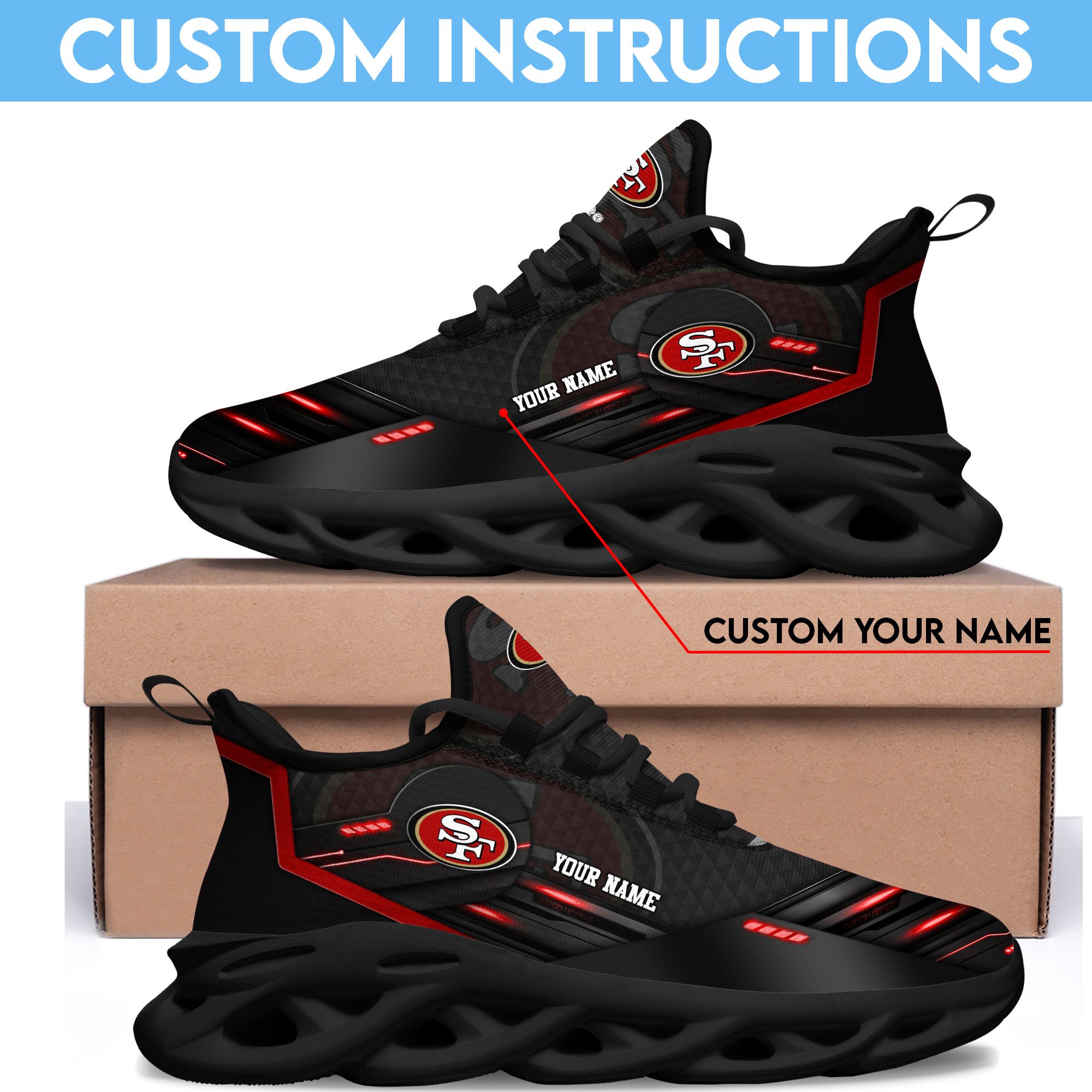 San Francisco 49Ers Black Clunky Sneaker Custom Name, Max Soul Shoes, Sport Gifts For Fan