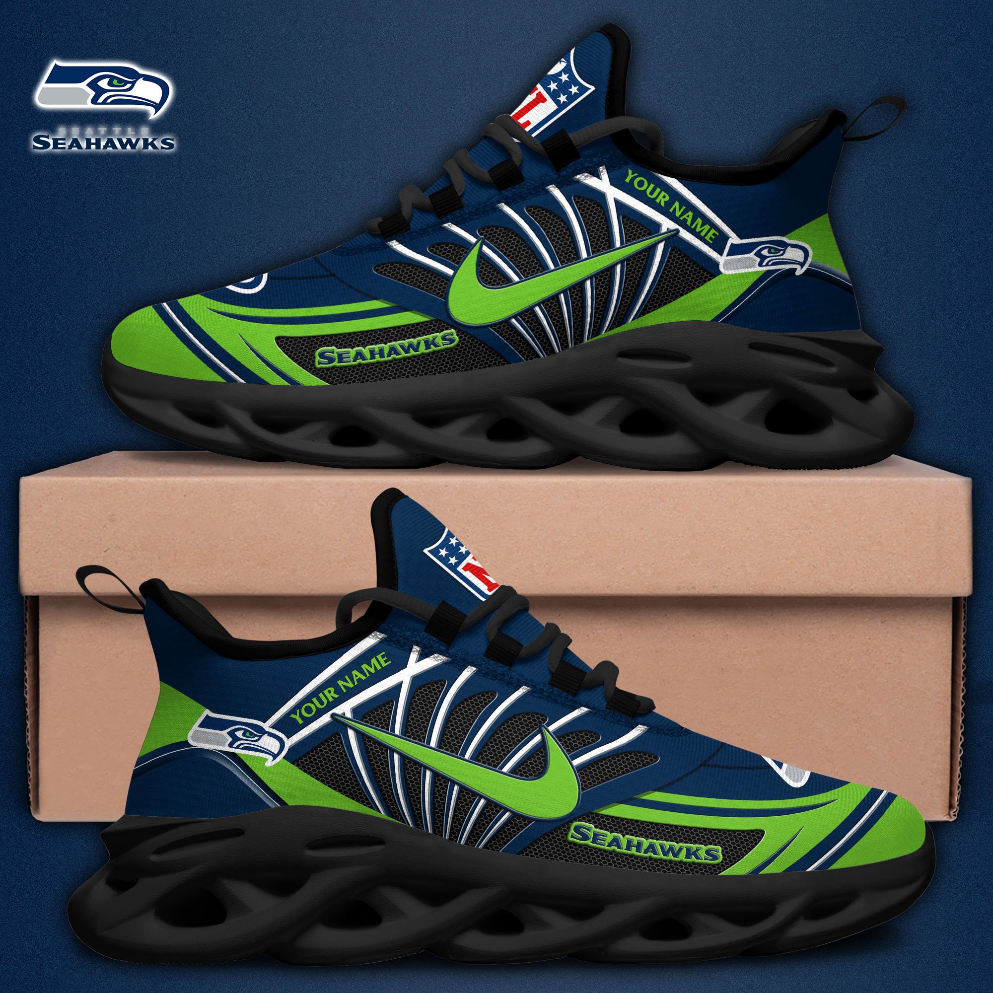Seattle Seahawks Black Max Soul Shoes 2026 Versions Custom Name 898