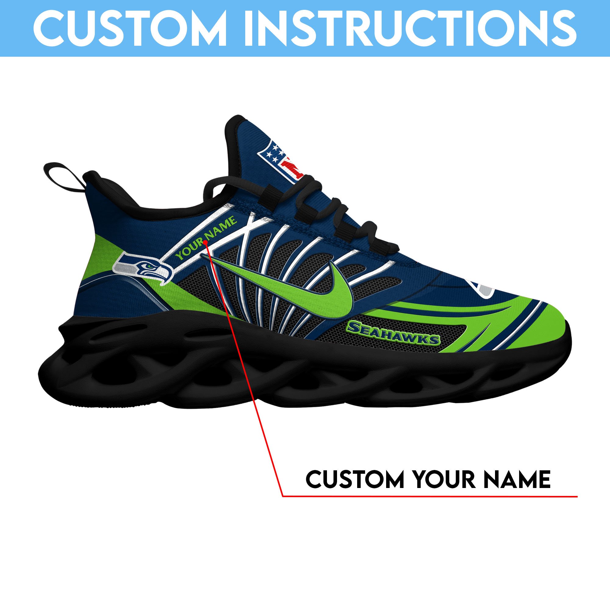 Seattle Seahawks Black Max Soul Shoes 2026 Versions Custom Name 898