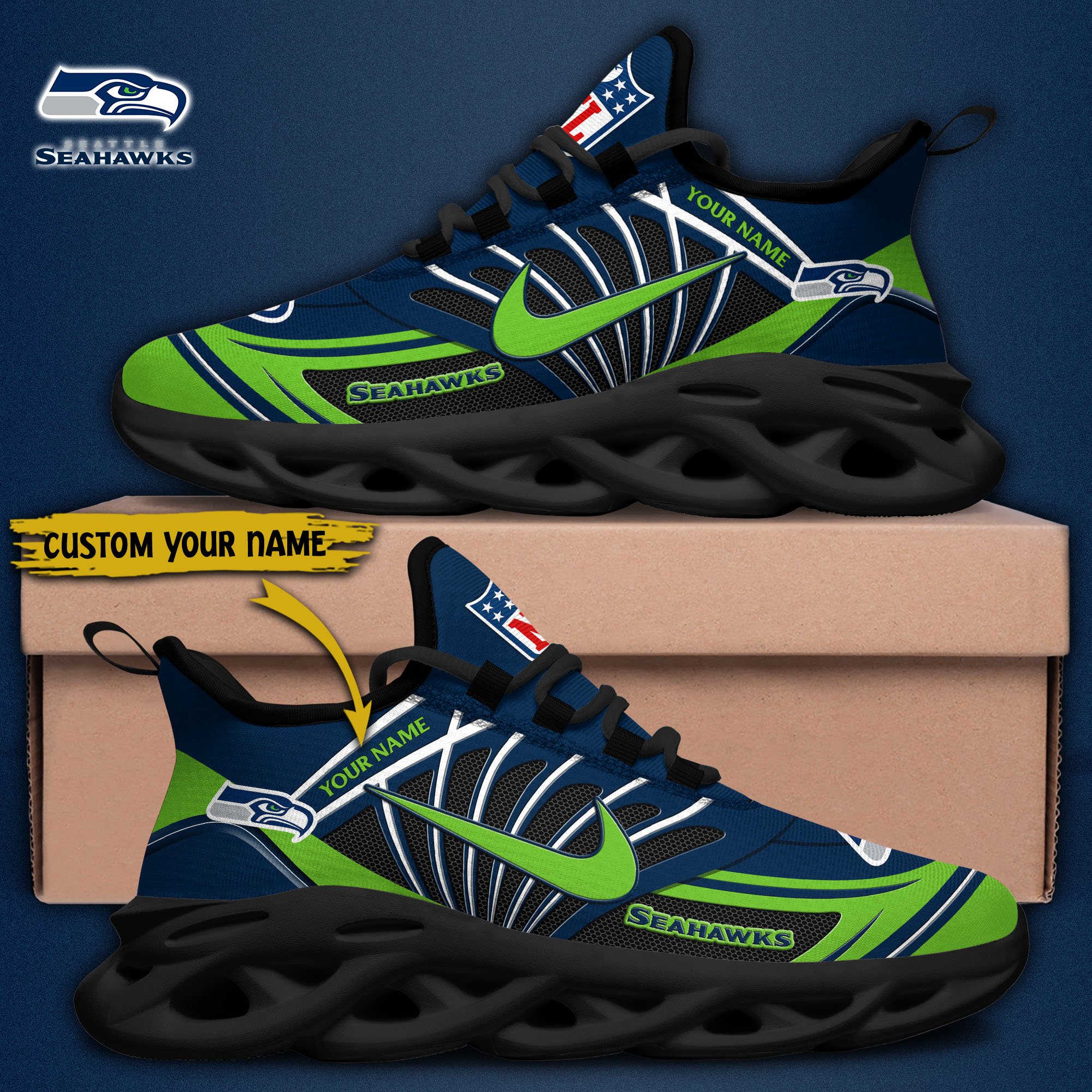 Seattle Seahawks Black Max Soul Shoes 2026 Versions Custom Name 898