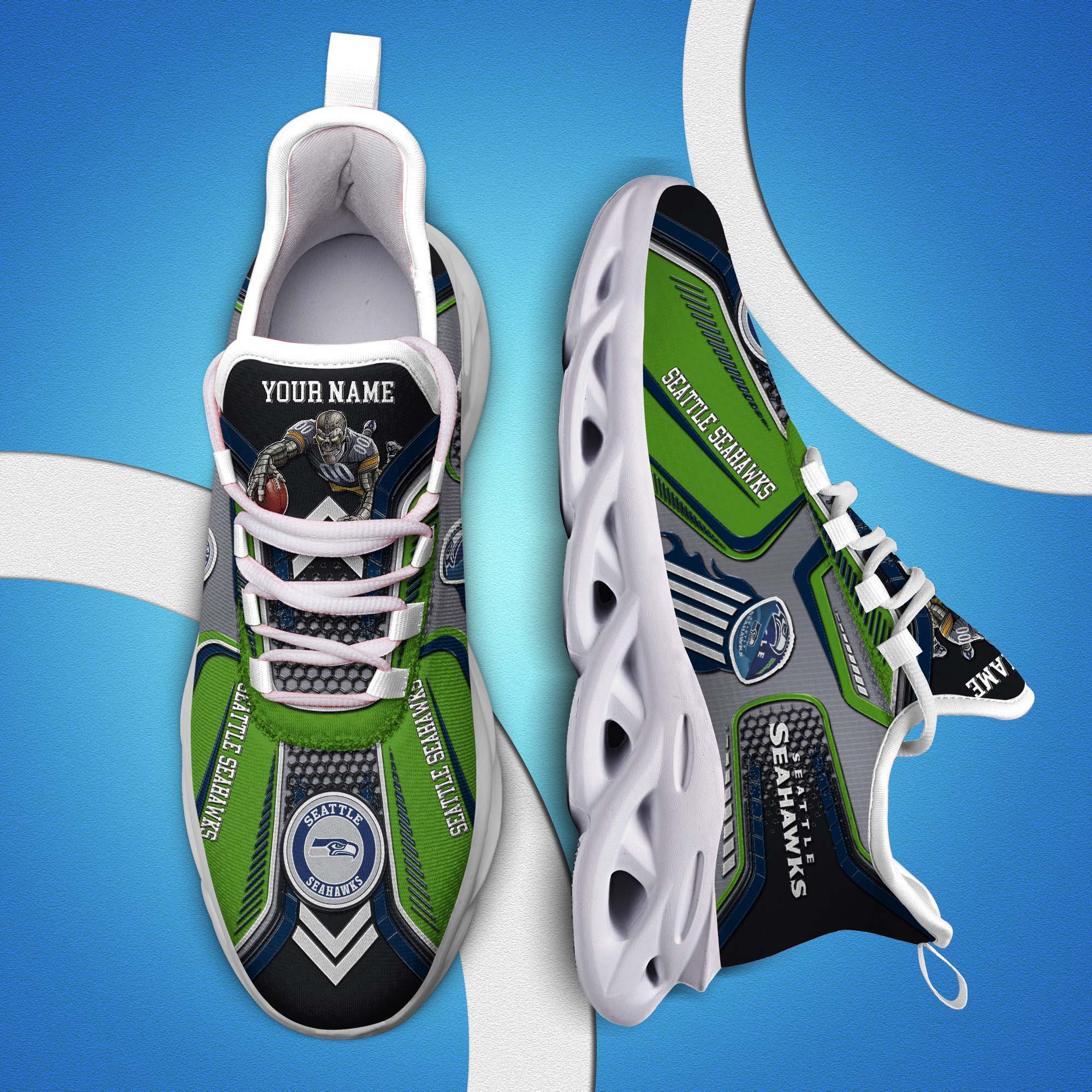 Seattle Seahawks White C Sneakers 2026 Version Personalized Your Name, Sport Sneakers , Sport Gifts PH605