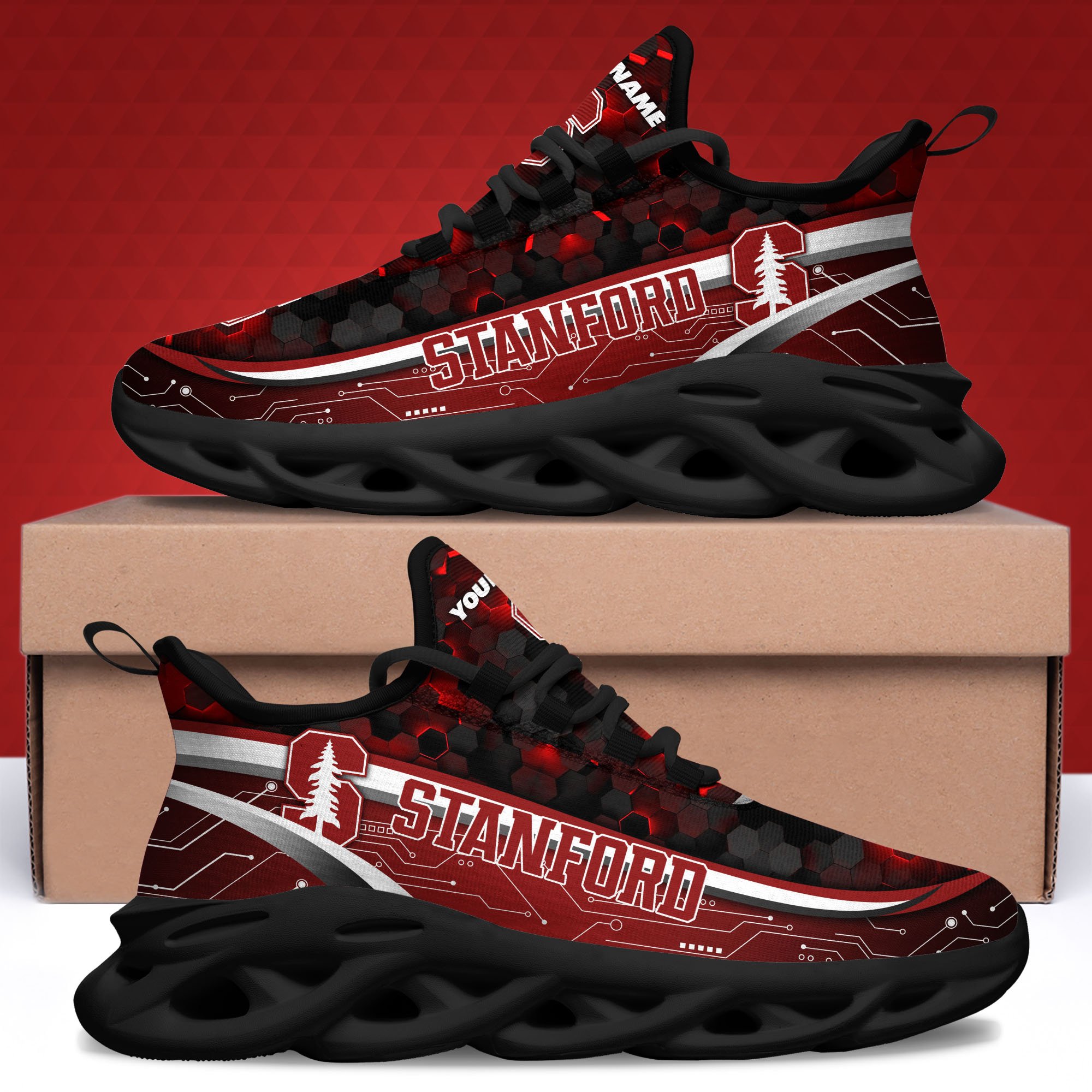 Stanford Cardinal Black Clunky Sneakers Custom Name, Max Soul Shoes, Sport Gifts
