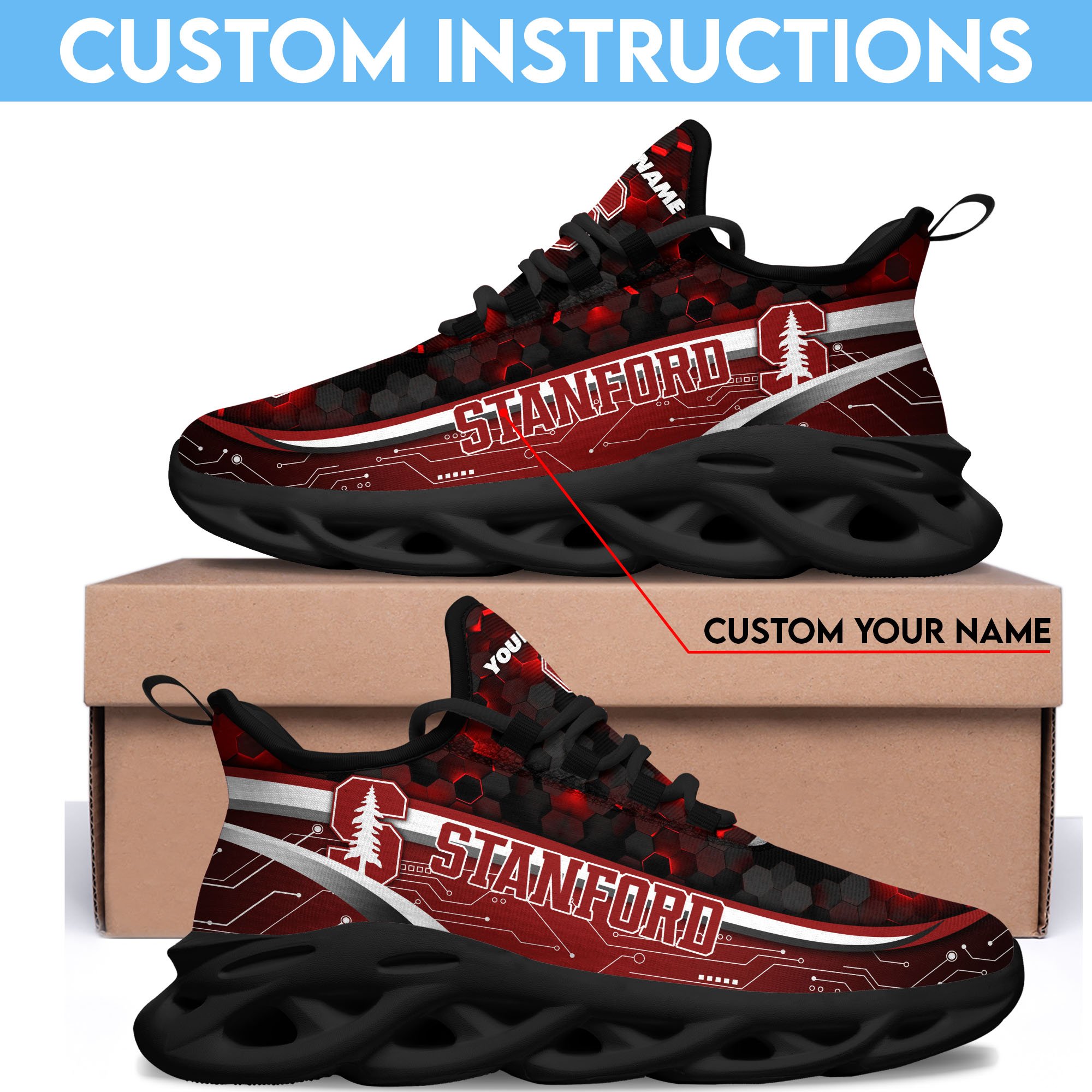 Stanford Cardinal Black Clunky Sneakers Custom Name, Max Soul Shoes, Sport Gifts