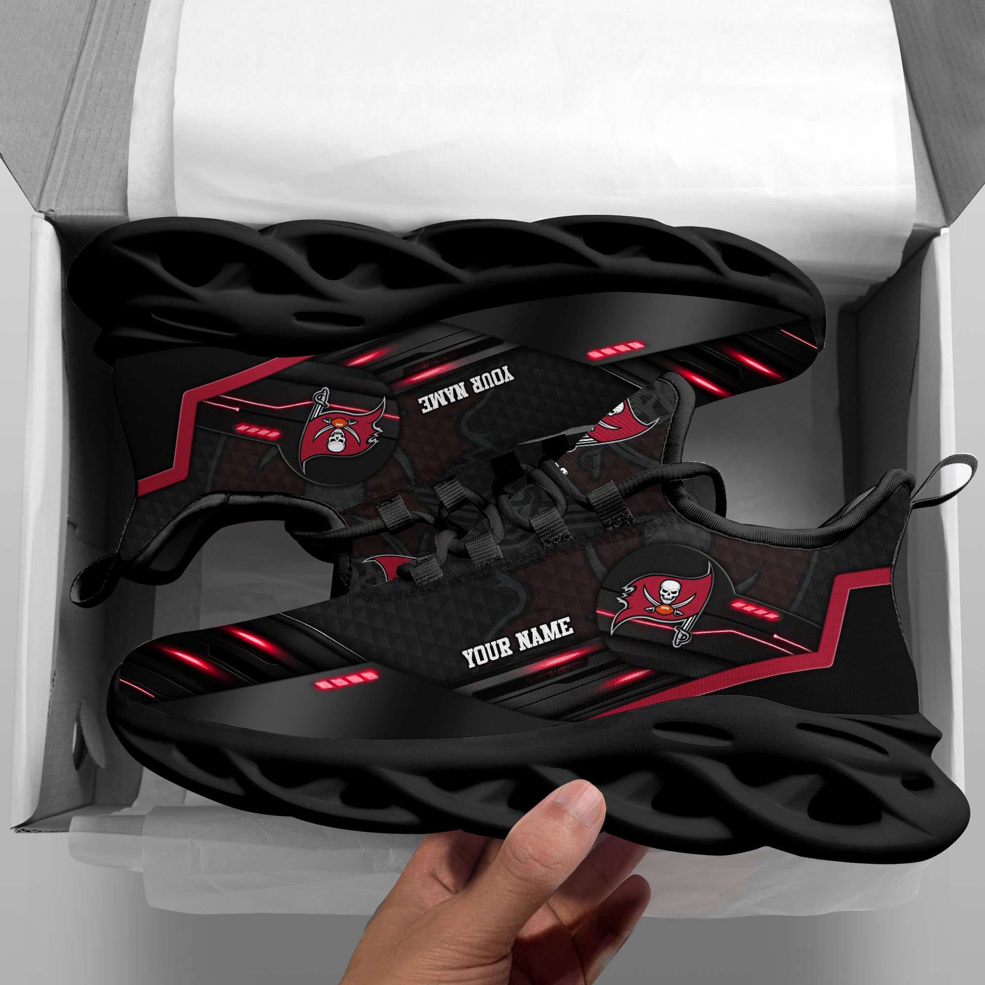 Tampa Bay Buccaneers Black Clunky Sneaker Custom Name, Max Soul Shoes, Sport Gifts For Fan