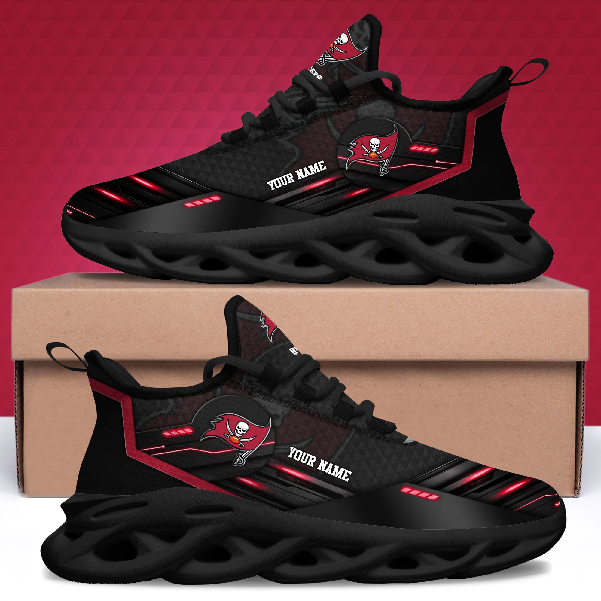 Tampa Bay Buccaneers Black Clunky Sneaker Custom Name, Max Soul Shoes, Sport Gifts For Fan