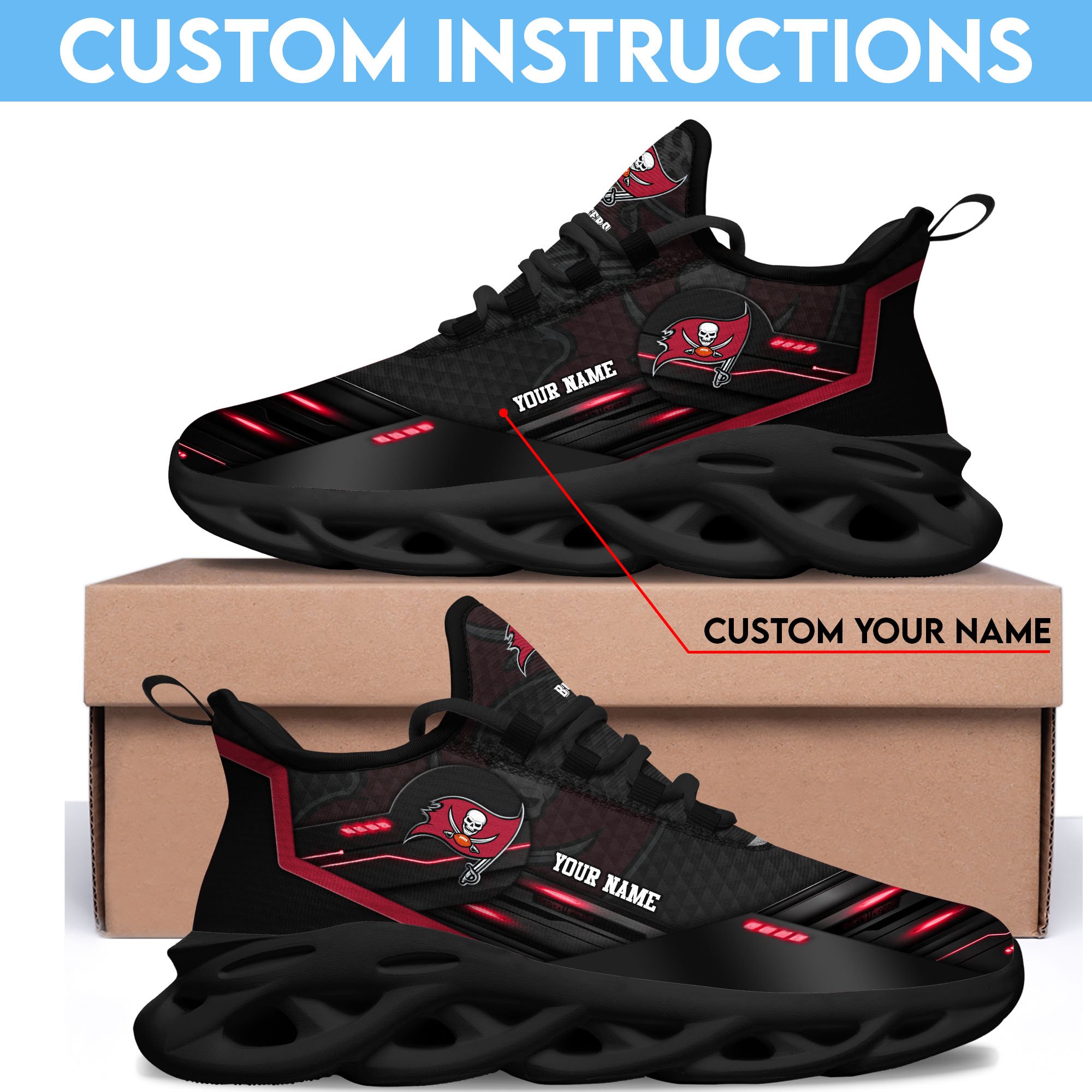 Tampa Bay Buccaneers Black Clunky Sneaker Custom Name, Max Soul Shoes, Sport Gifts For Fan