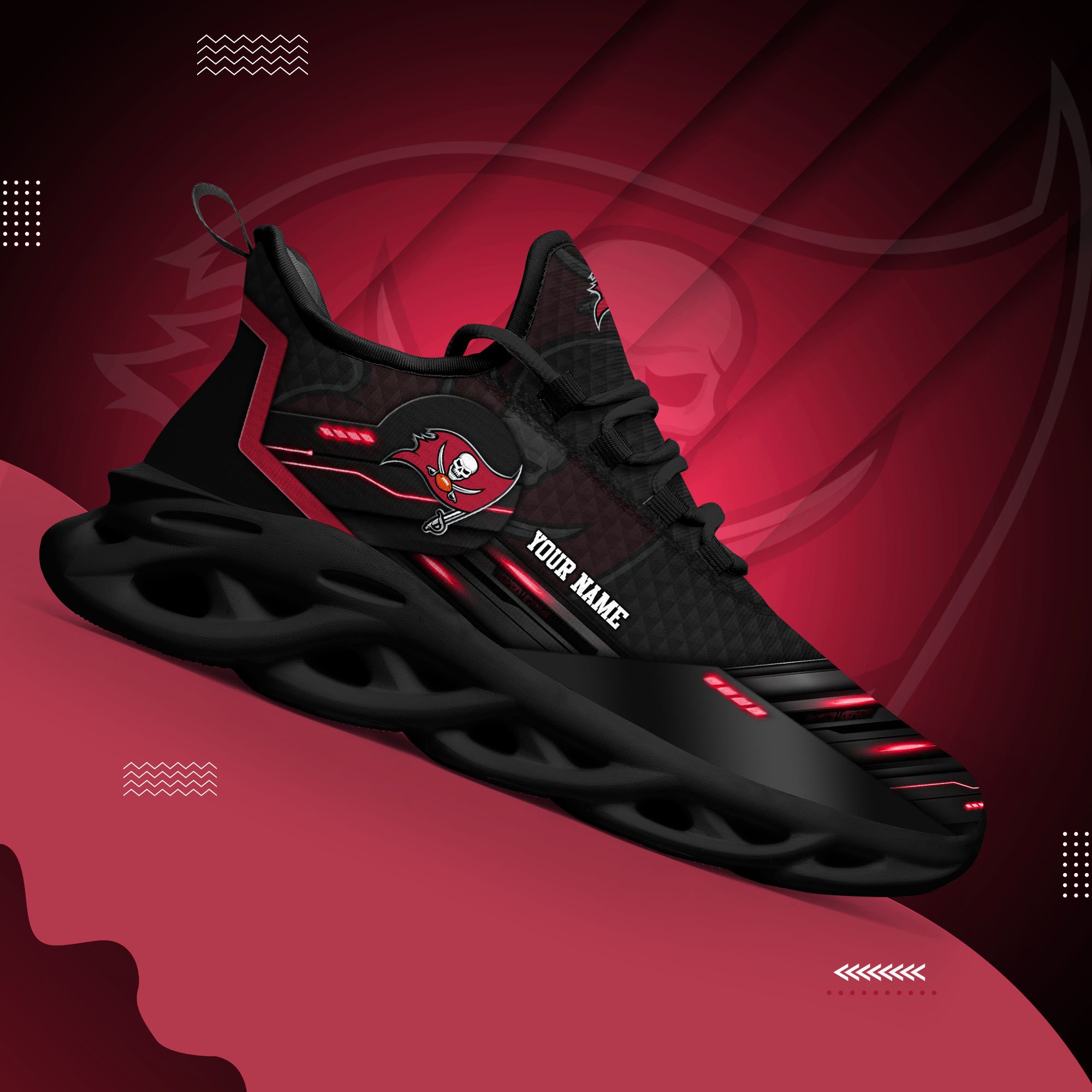 Tampa Bay Buccaneers Black Clunky Sneaker Custom Name, Max Soul Shoes, Sport Gifts For Fan