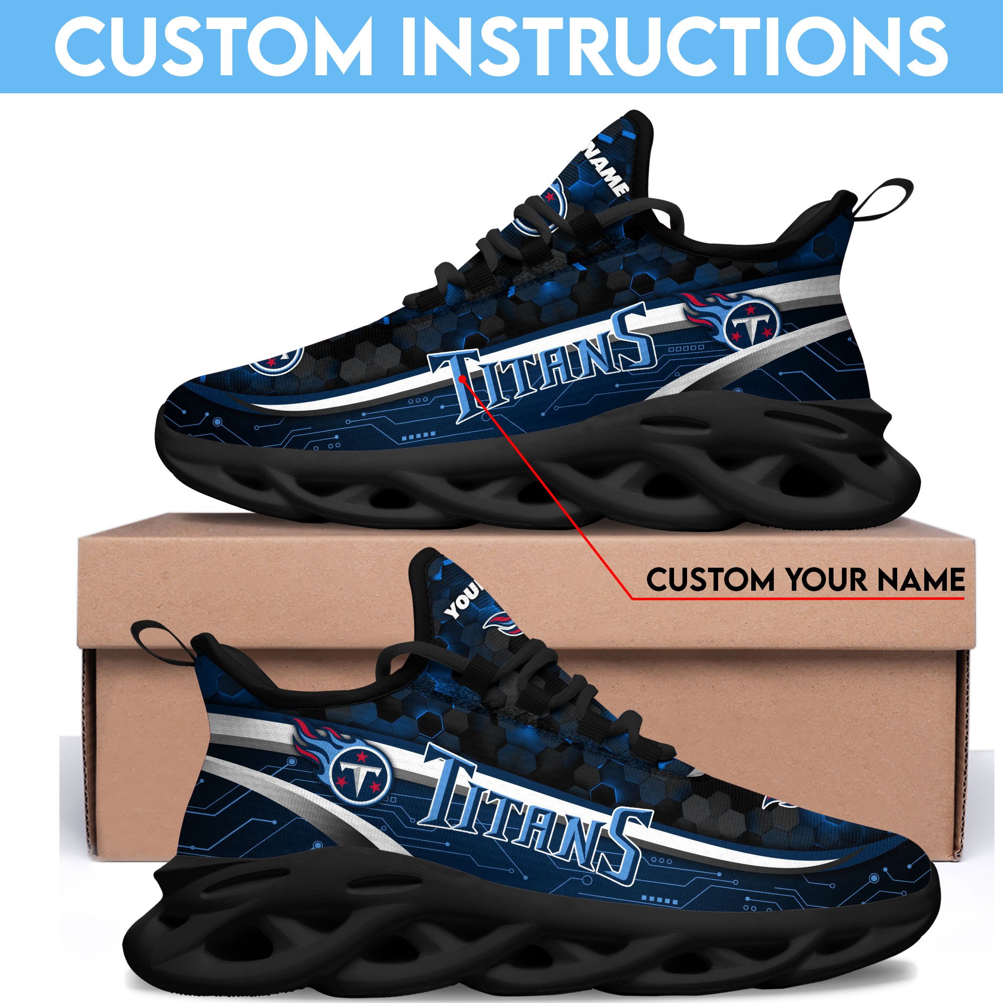 Tennessee Titans Black Clunky Sneakers Custom Name, Max Soul Shoes, Sport Gifts