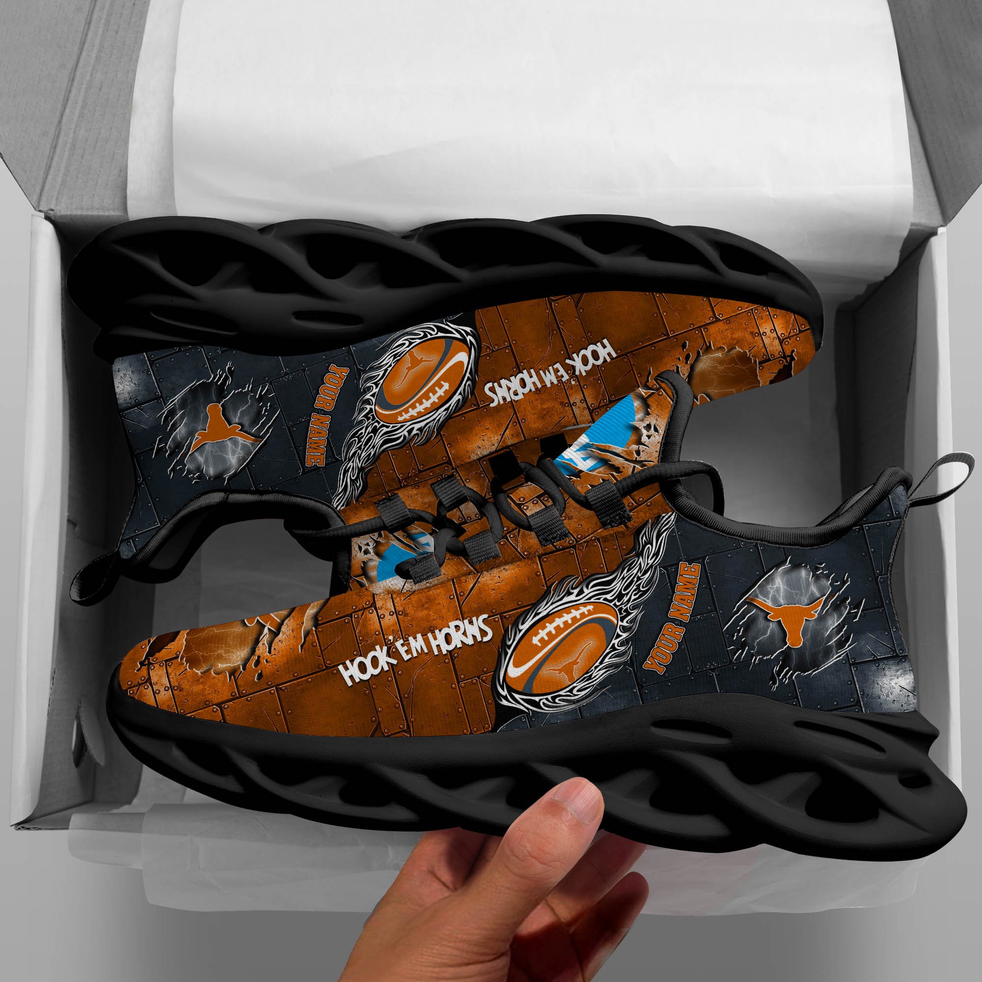Texas Longhorns Black Max Soul Shoes 2026 Versions, White Max Soul Shoes Custom Your Name PH879