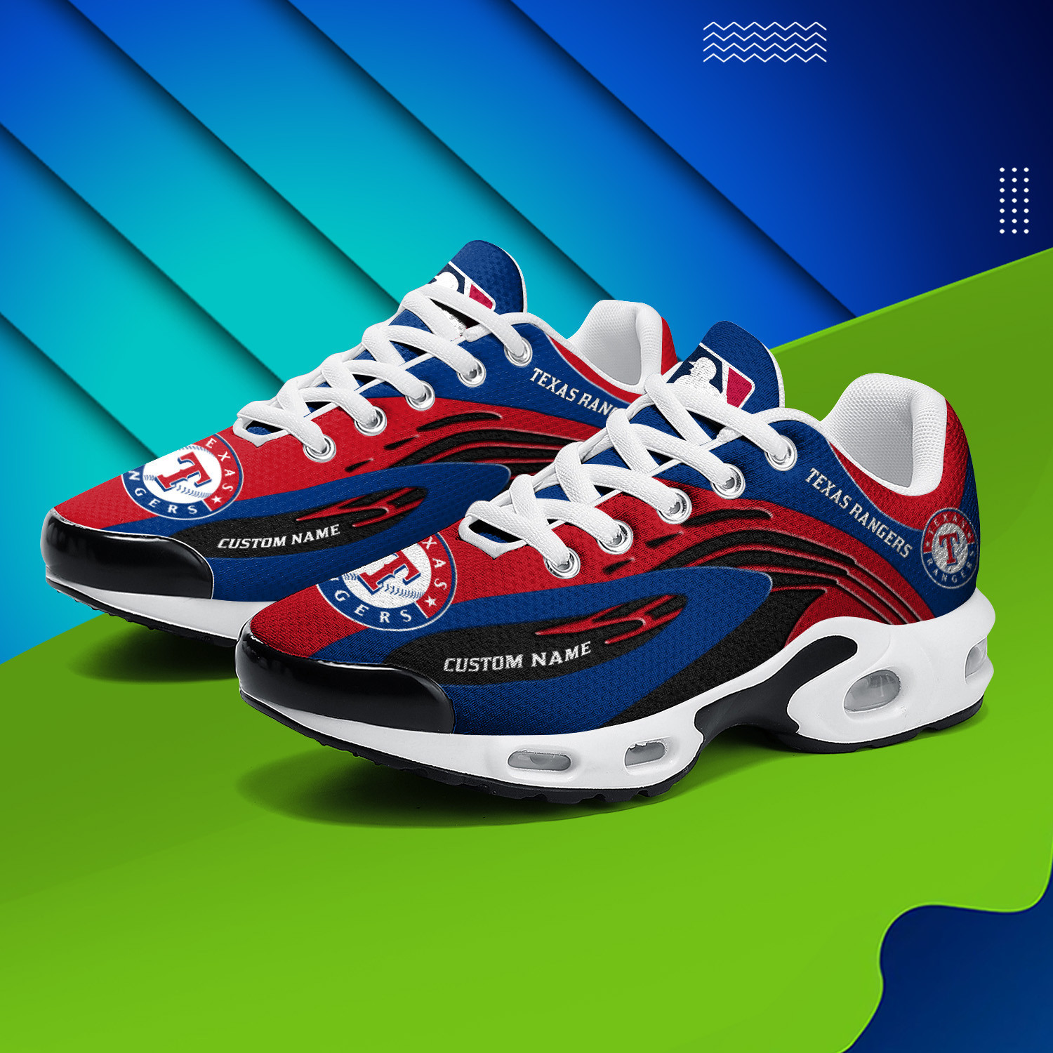 Texas Rangers Personalized Name Team Logo Mix Colors Wave Line TN Shoes Air Cushion Sneakers