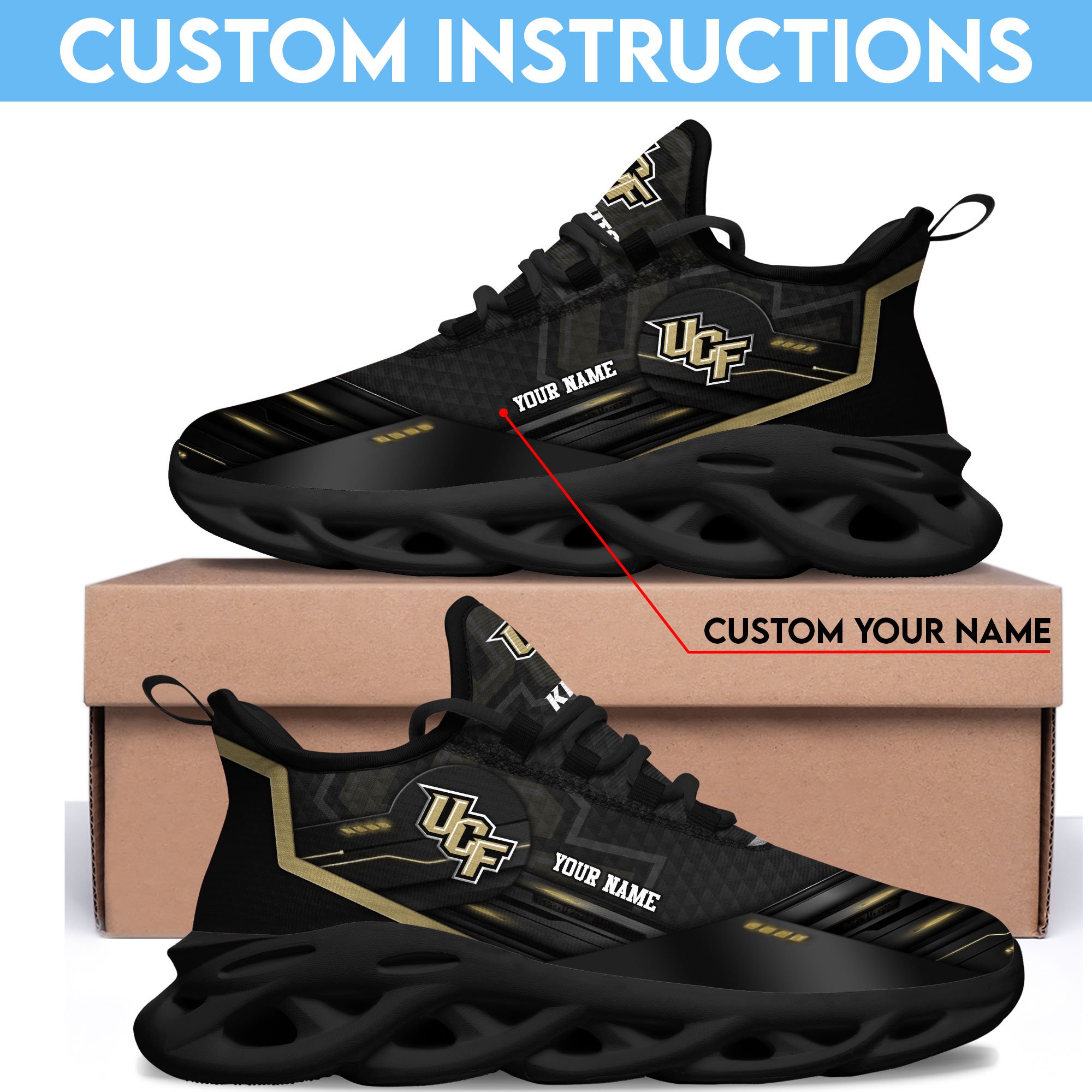 UCF Knights Black Clunky Sneaker Custom Name, Max Soul Shoes, Sport Gifts For Fan