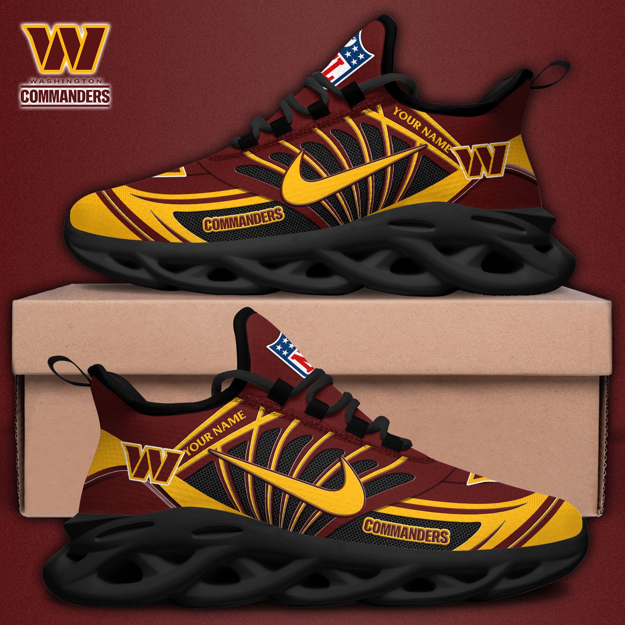 Washington Commanders Black Max Soul Shoes 2026 Versions Custom Name 898