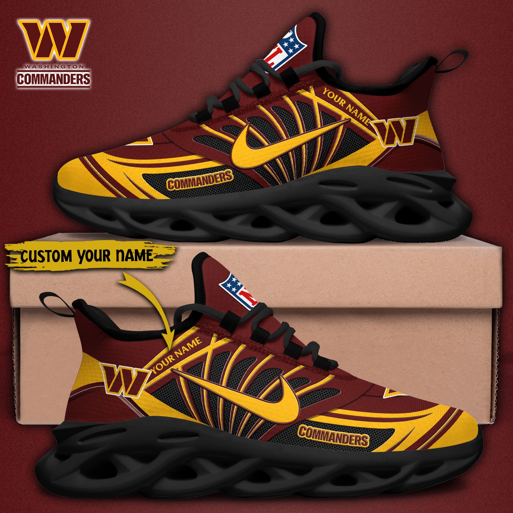 Washington Commanders Black Max Soul Shoes 2026 Versions Custom Name 898