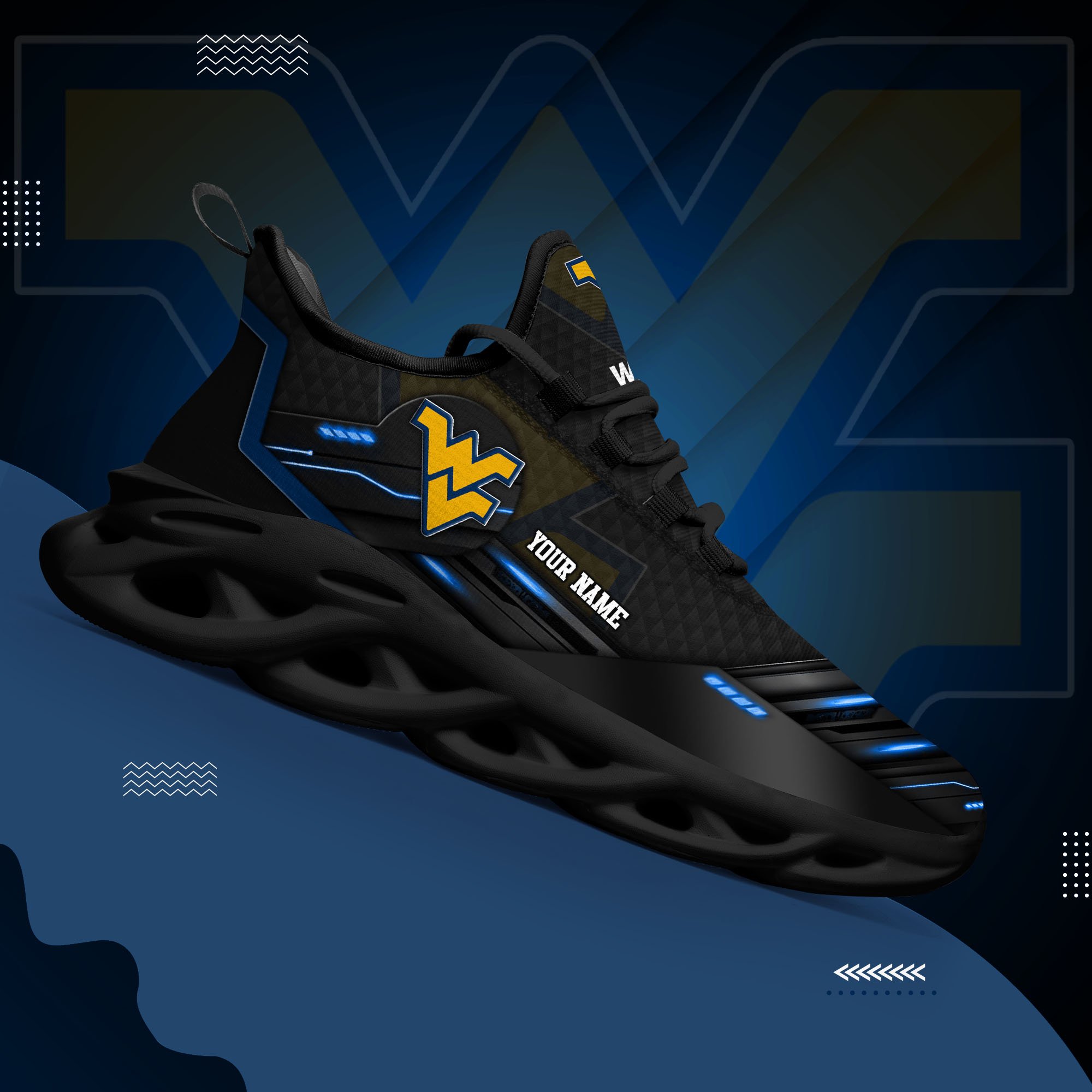 West Virginia Mountaineers Black Clunky Sneaker Custom Name, Max Soul Shoes, Sport Gifts For Fan