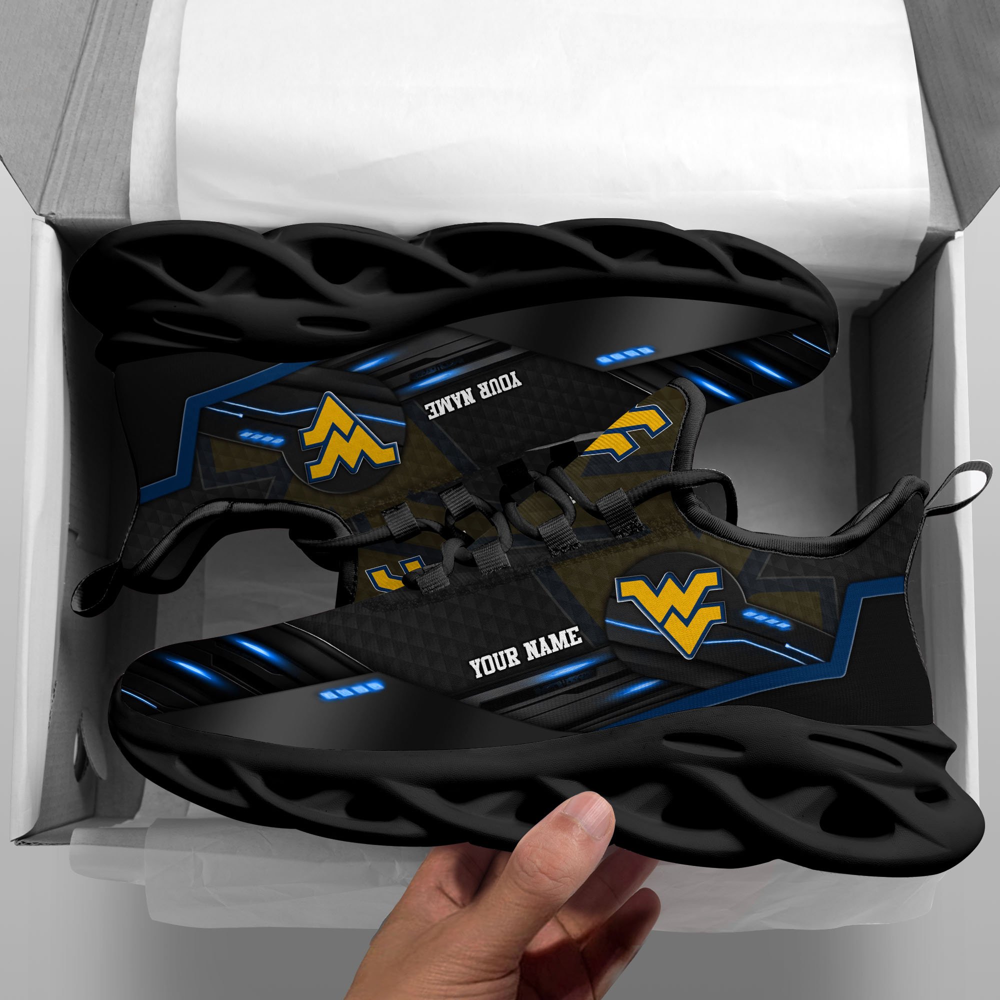 West Virginia Mountaineers Black Clunky Sneaker Custom Name, Max Soul Shoes, Sport Gifts For Fan