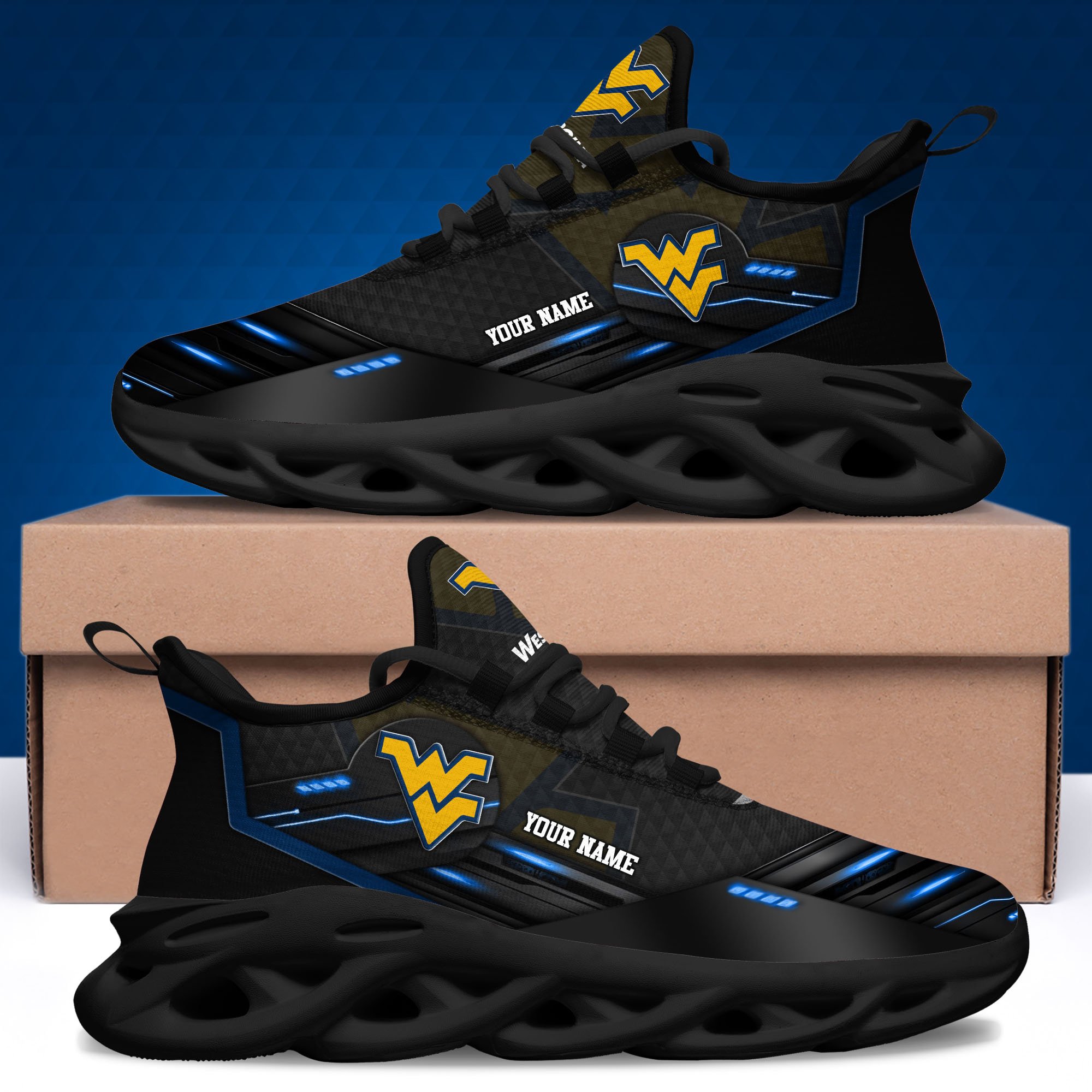 West Virginia Mountaineers Black Clunky Sneaker Custom Name, Max Soul Shoes, Sport Gifts For Fan