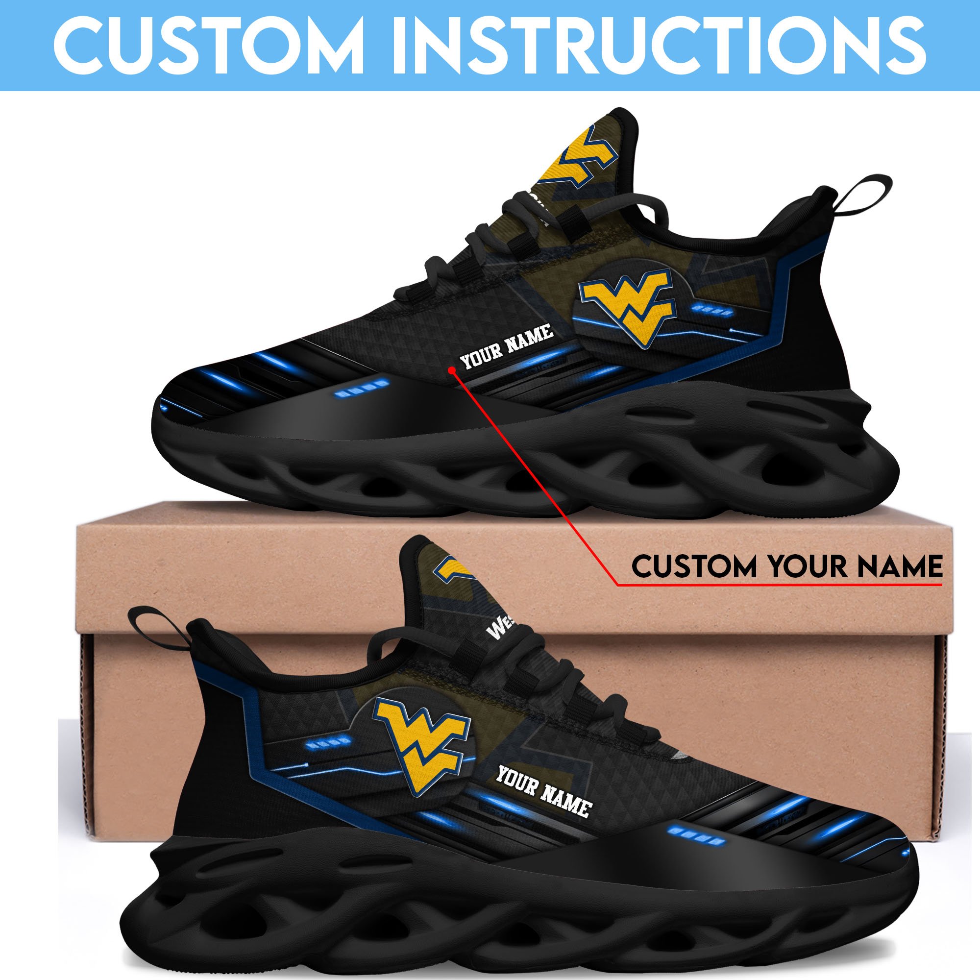 West Virginia Mountaineers Black Clunky Sneaker Custom Name, Max Soul Shoes, Sport Gifts For Fan