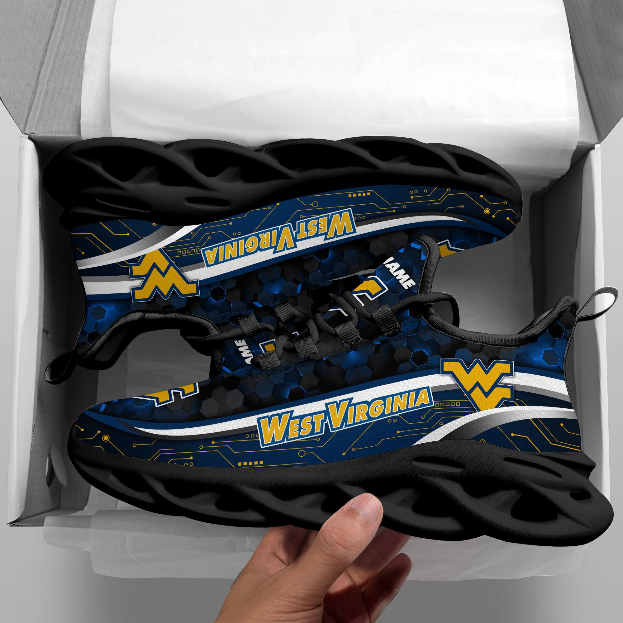 West Virginia Mountaineers Black Clunky Sneakers Custom Name, Max Soul Shoes, Sport Gifts