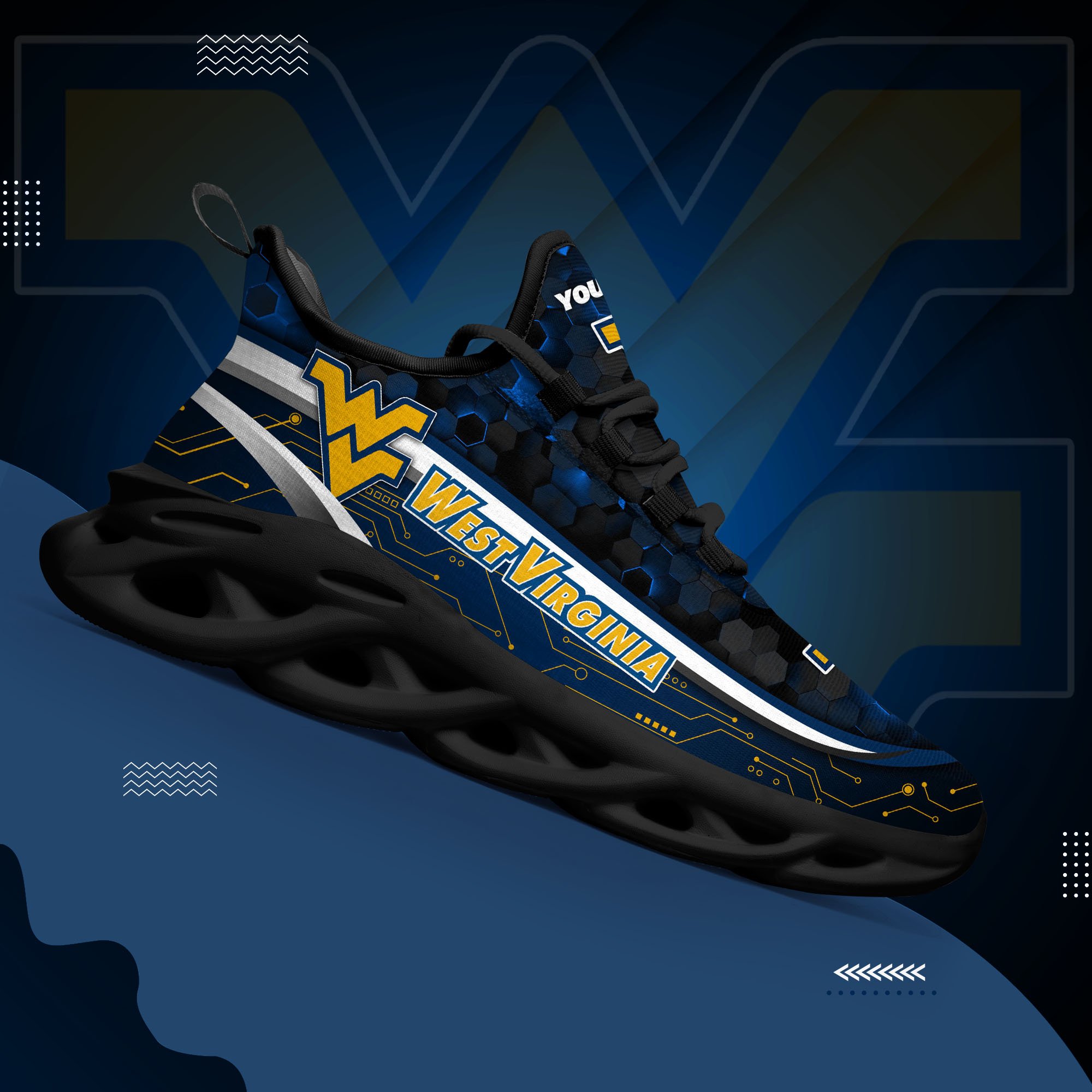 West Virginia Mountaineers Black Clunky Sneakers Custom Name, Max Soul Shoes, Sport Gifts