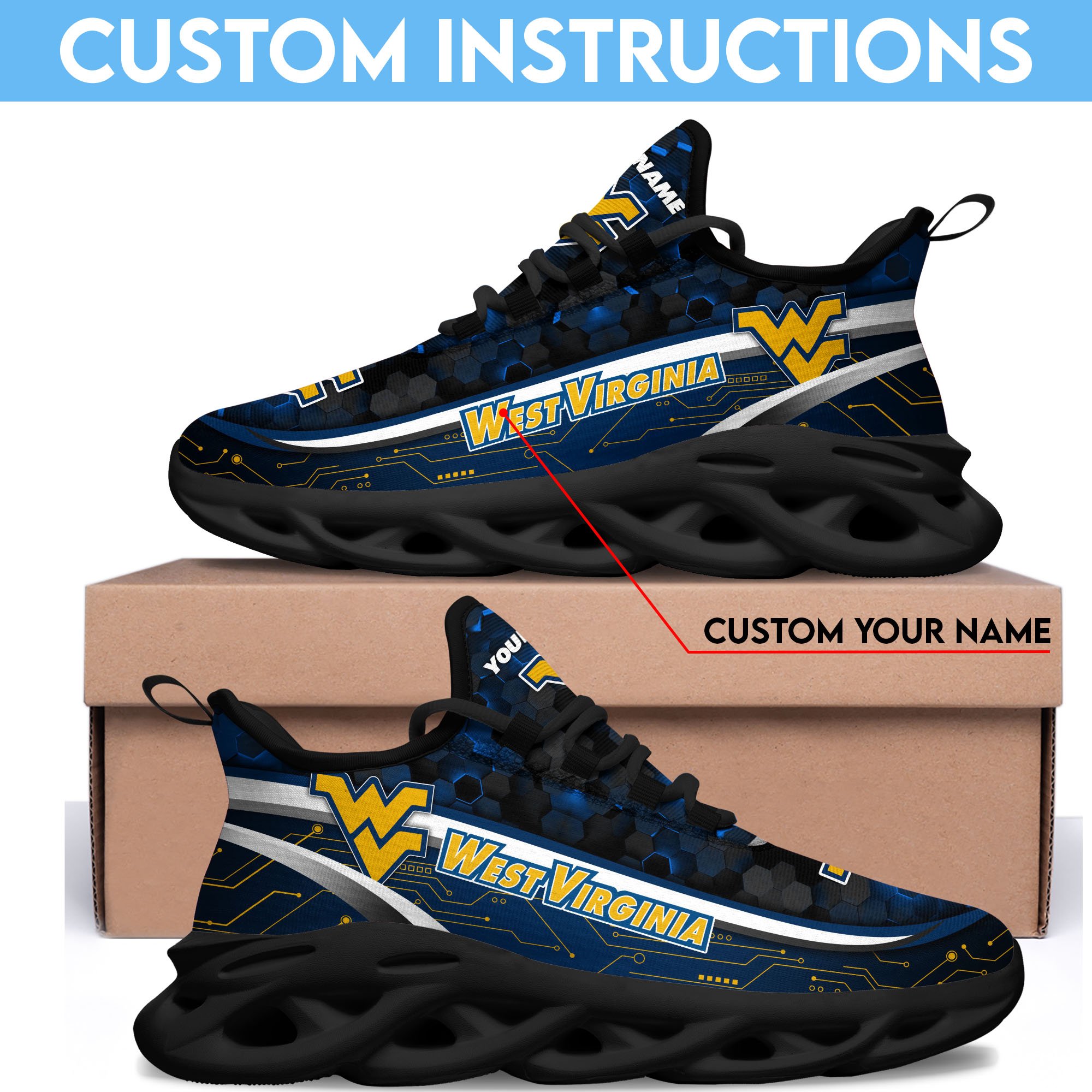 West Virginia Mountaineers Black Clunky Sneakers Custom Name, Max Soul Shoes, Sport Gifts
