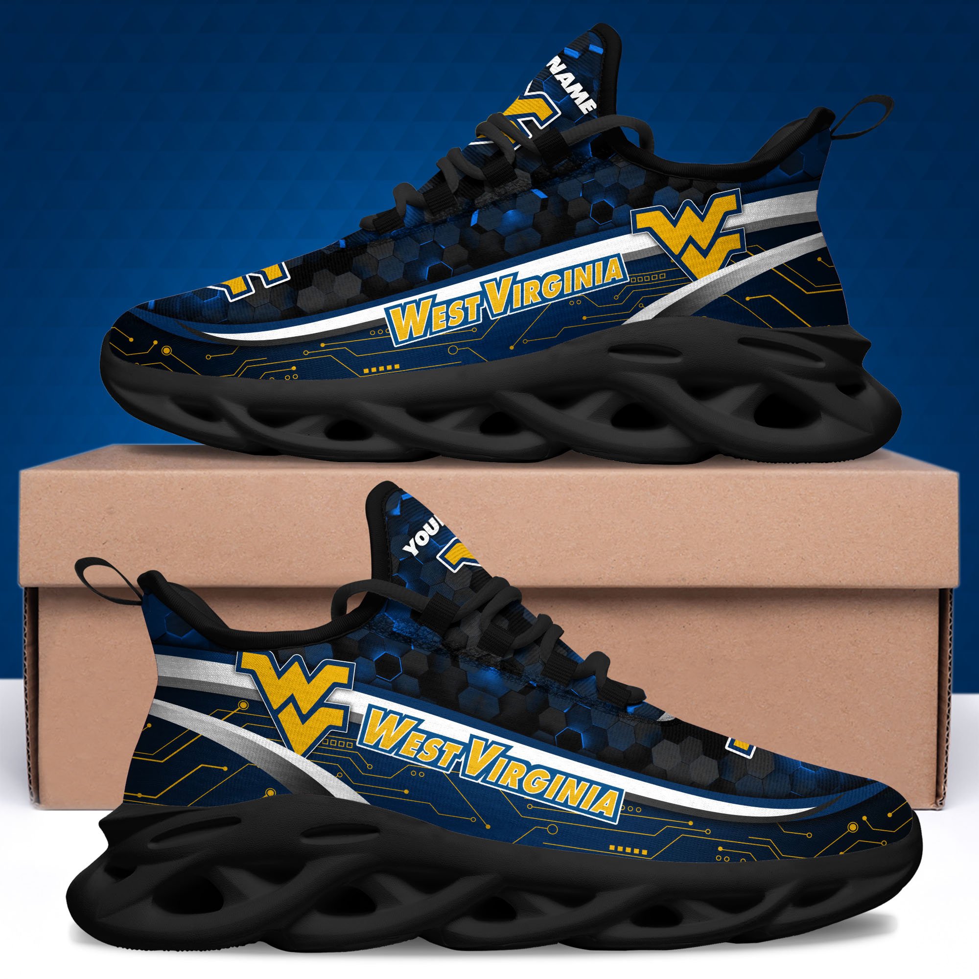 West Virginia Mountaineers Black Clunky Sneakers Custom Name, Max Soul Shoes, Sport Gifts