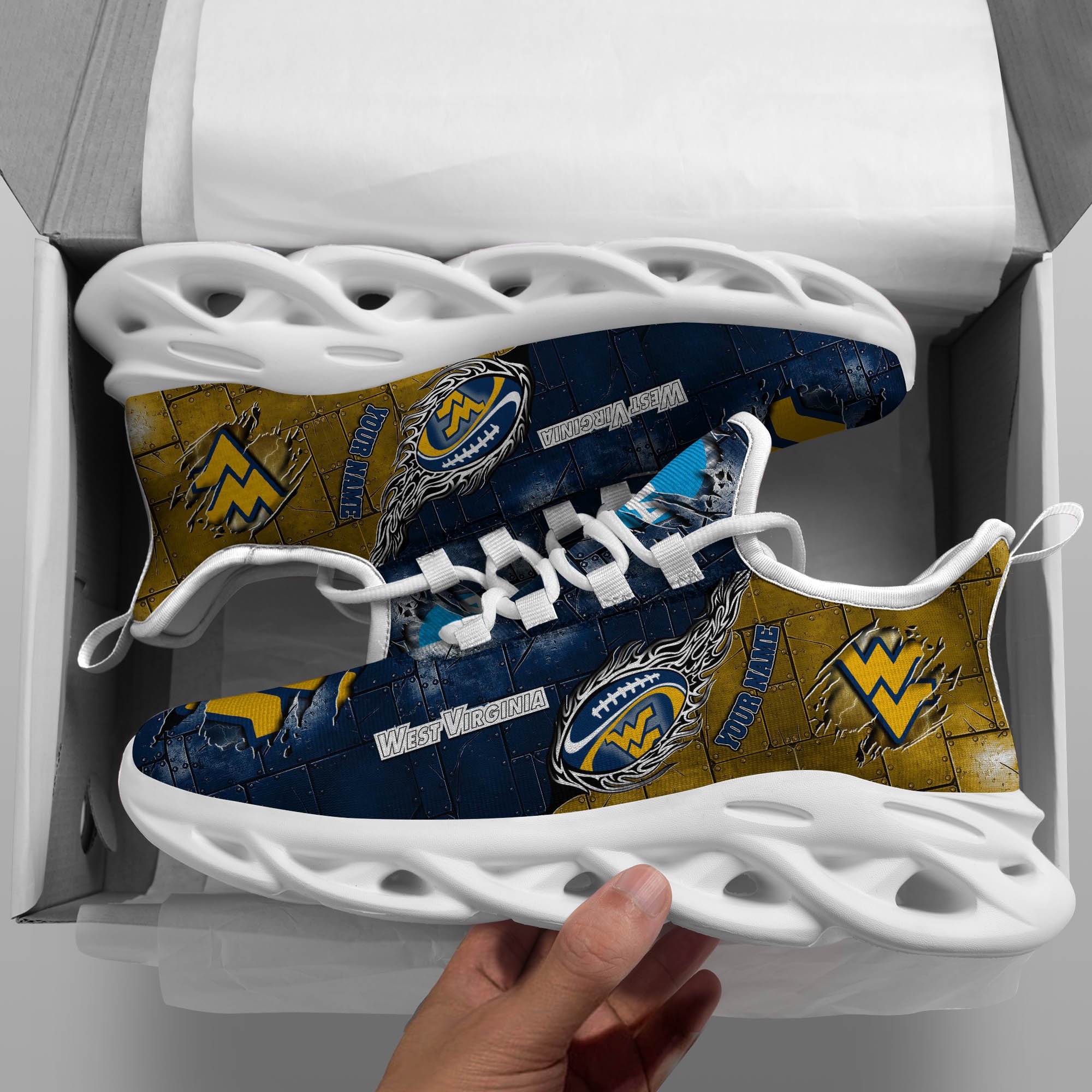 West Virginia Mountaineers Black Max Soul Shoes 2026 Versions, White Max Soul Shoes Custom Your Name PH879