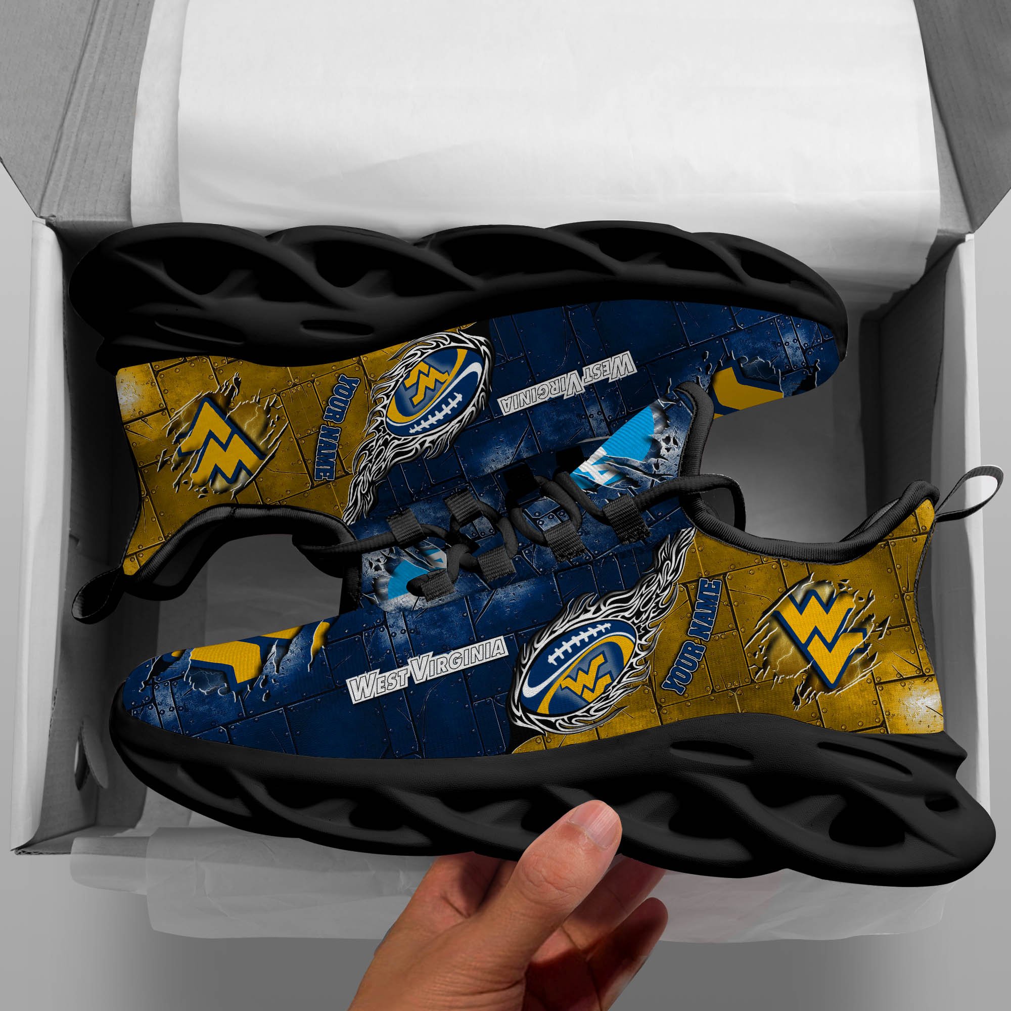 West Virginia Mountaineers Black Max Soul Shoes 2026 Versions, White Max Soul Shoes Custom Your Name PH879
