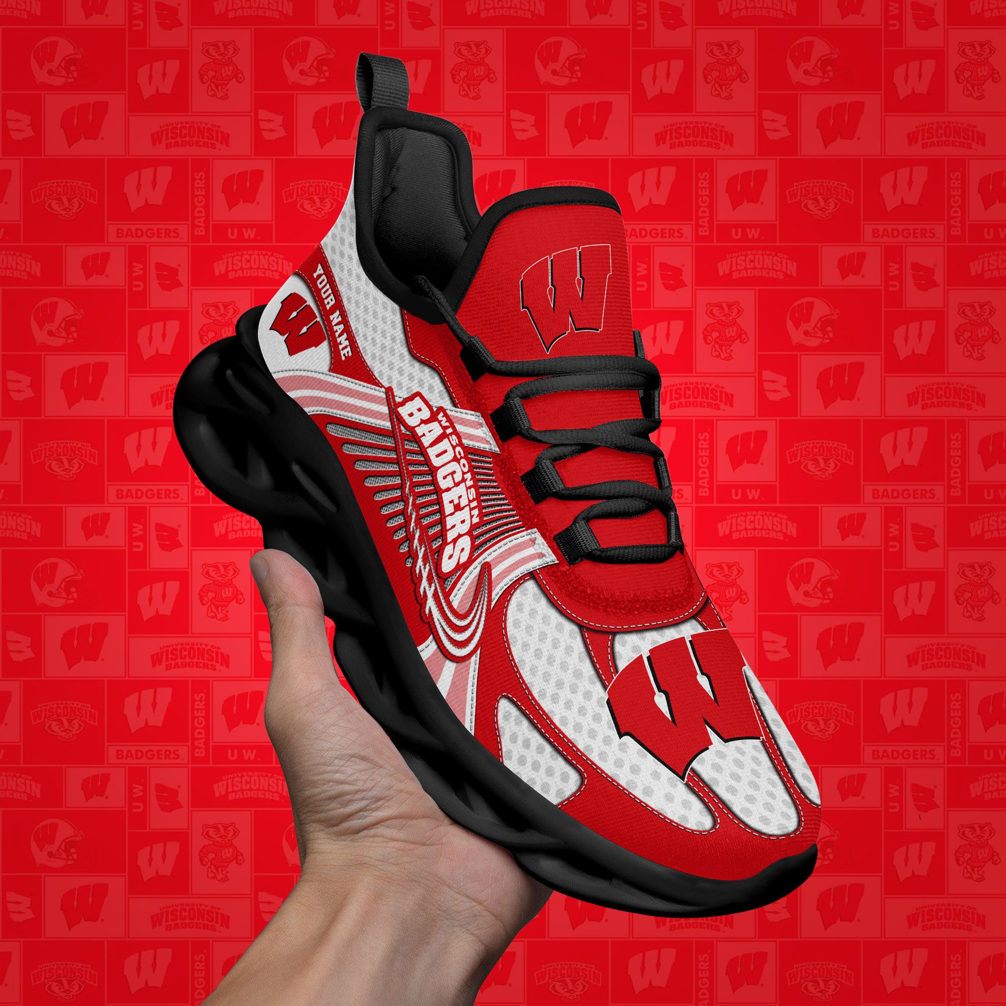 Wisconsin Badgers Clunky Sneakers Custom Your Name, Sport Sneakers, Sport Gifts For Fan, Gifts For Him