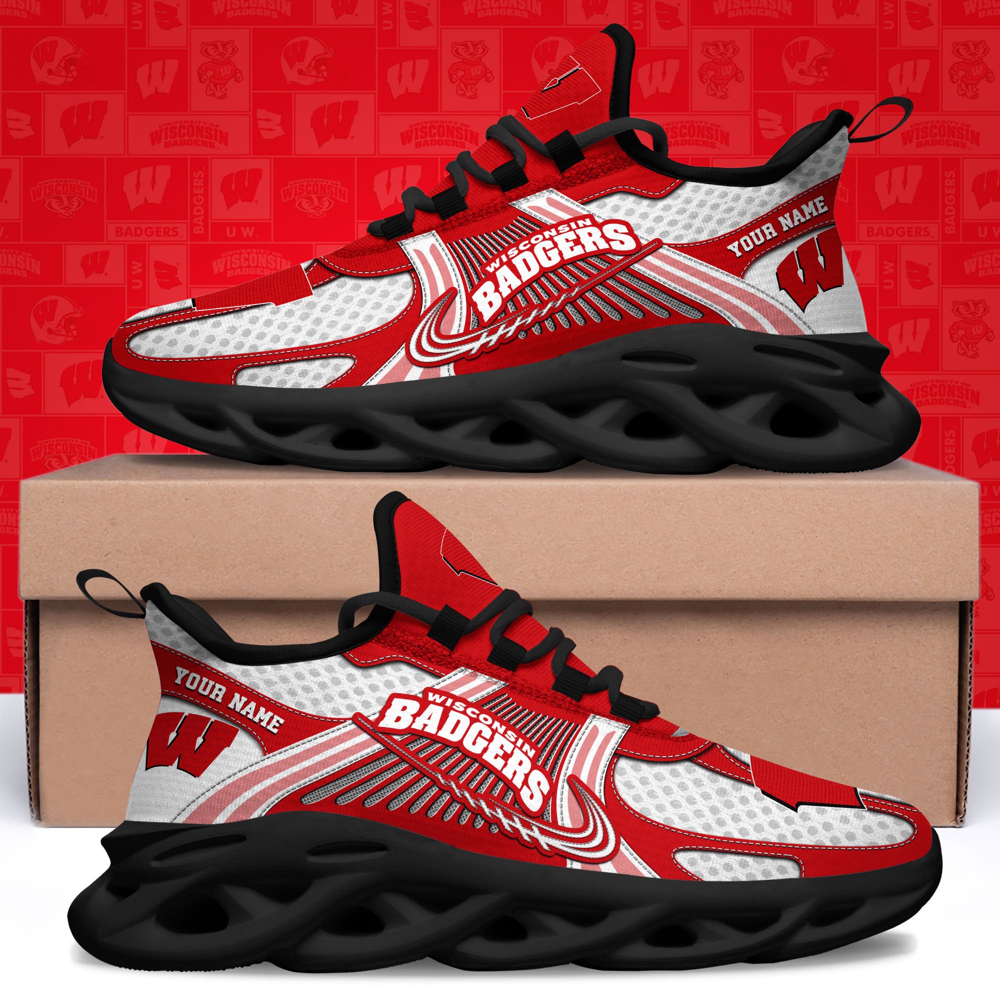 Wisconsin Badgers Clunky Sneakers Custom Your Name, Sport Sneakers, Sport Gifts For Fan, Gifts For Him