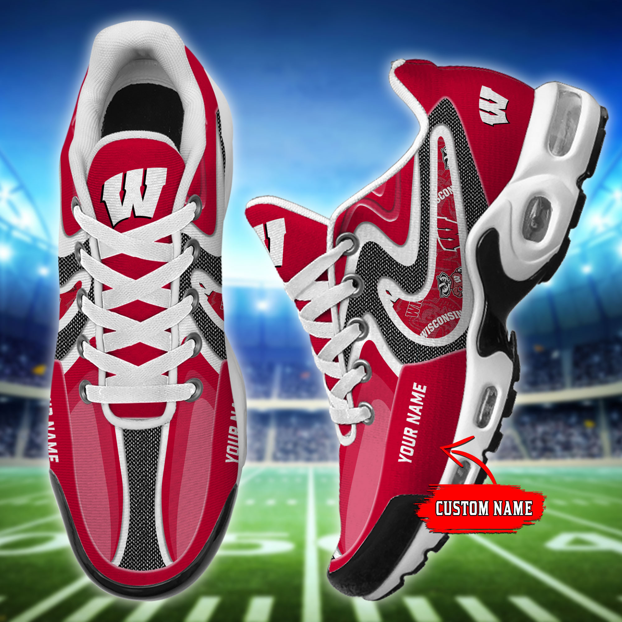 Wisconsin Badgers Personalized Name Team Checkmark Logo Mix Colors Stitch Line TN Shoes Air Cushion Sneakers