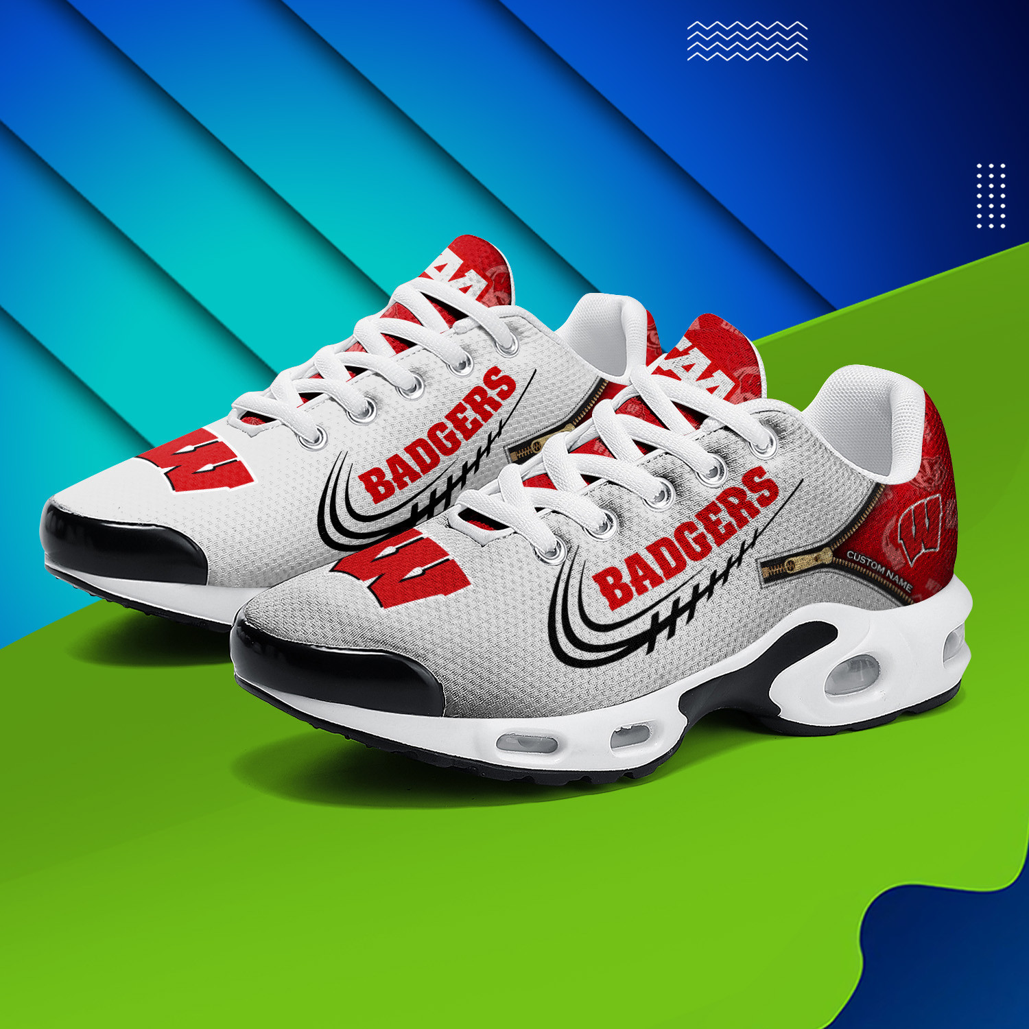 Wisconsin Badgers Personalized Name Team Logo Mix Colors Zipped Line TN Shoes Air Cushion Sneakers